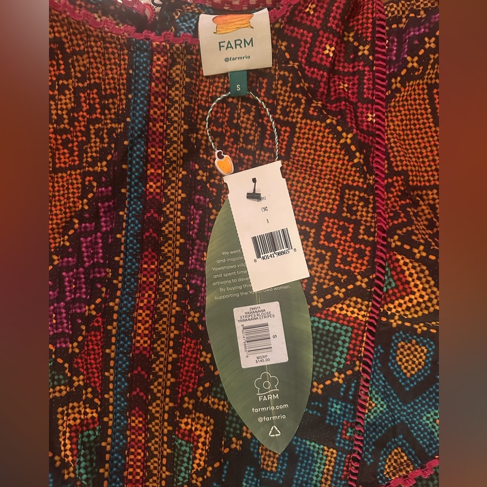 Farm Rio Yawanawa Stripes Blouse: Colorful Geometric Patterned Women's Top NWT - Picture 6 of 7